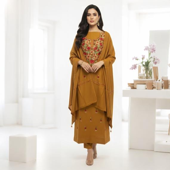 Pure Poly Wool Kashmiri Ari Work Full Suit With Stole (Gala+Boti) light weight